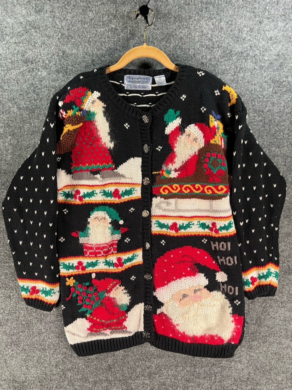 Vintage Northern Isles Santa Christmas Cardigan Hand Knit Sweater Size L